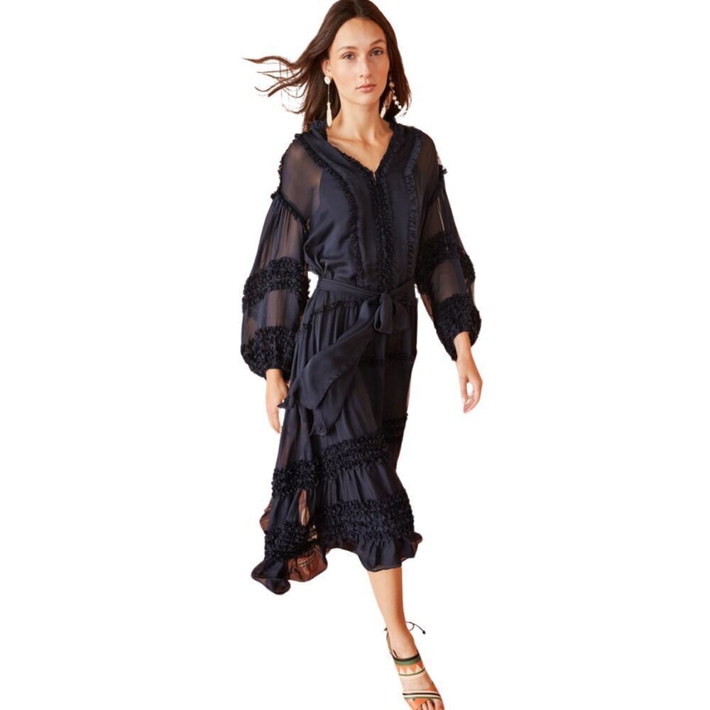Ulla Johnson Althea Dress Midi Ruffle Long Sleeve Midnight Blue Size 4